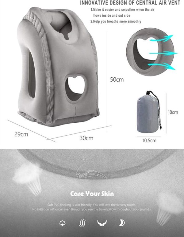 Inflatable Travel Air Pillow for Sleeping to Avoid Neck and Shoulder Pain, Comfortably Support Head and Lumbar, Used for Airplane, Car, Bus and Office (Grey) - Image 5