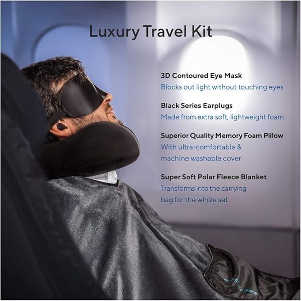 Travel Blanket Luxury Travel Set - Ergonomic Airplane Neck Pillow 100% Pure Memory Foam and Super Soft Fleece Blanket - Premium 3D Sleep Mask & Earplugs - Ultimate 4-in-1 Travel Kit Black - Image 5
